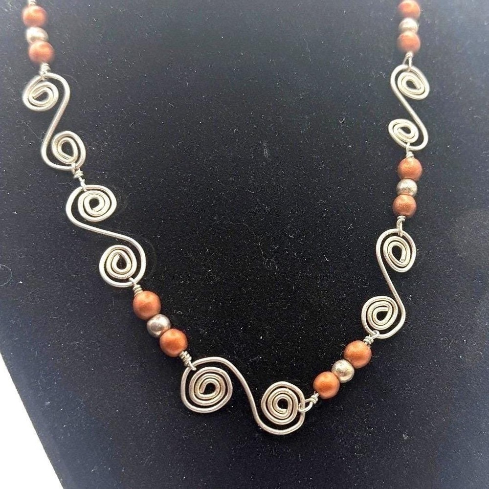 Vintage Beaded Necklace Brown Amber Tone Swirl‎ Accents 17" Artisan Style